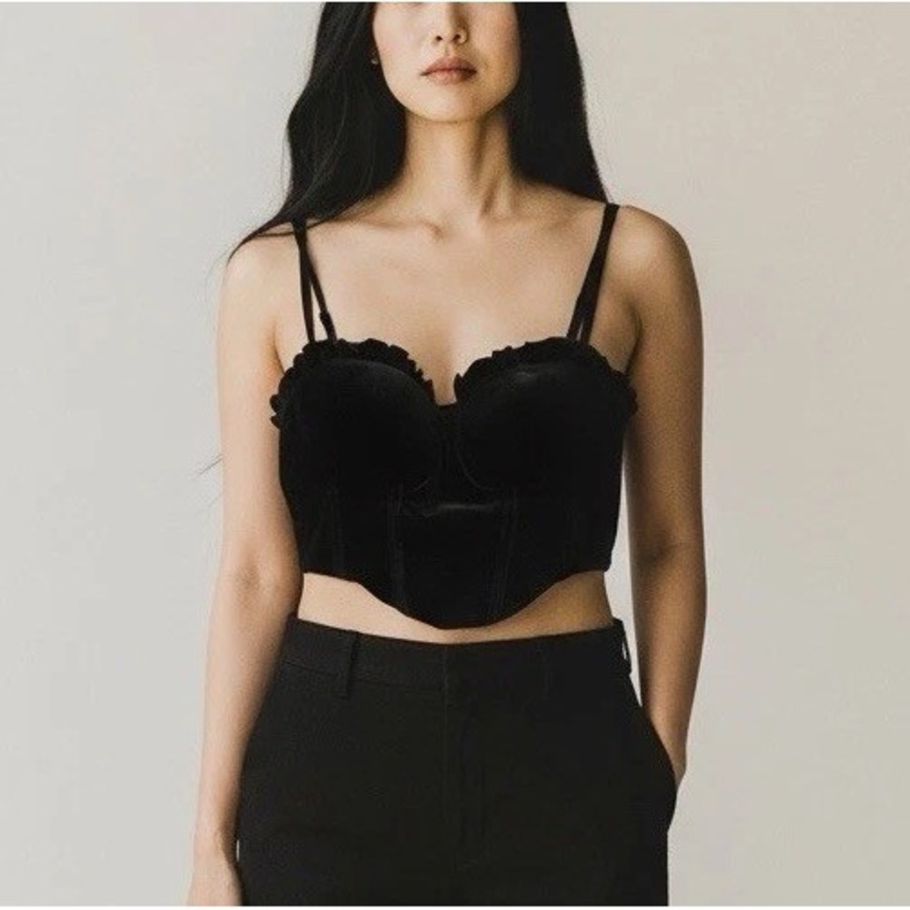 Cider Womens M Black Velvet  Corset Ruffle Bustiers Crop Top Whimsigoth Witchy‎
